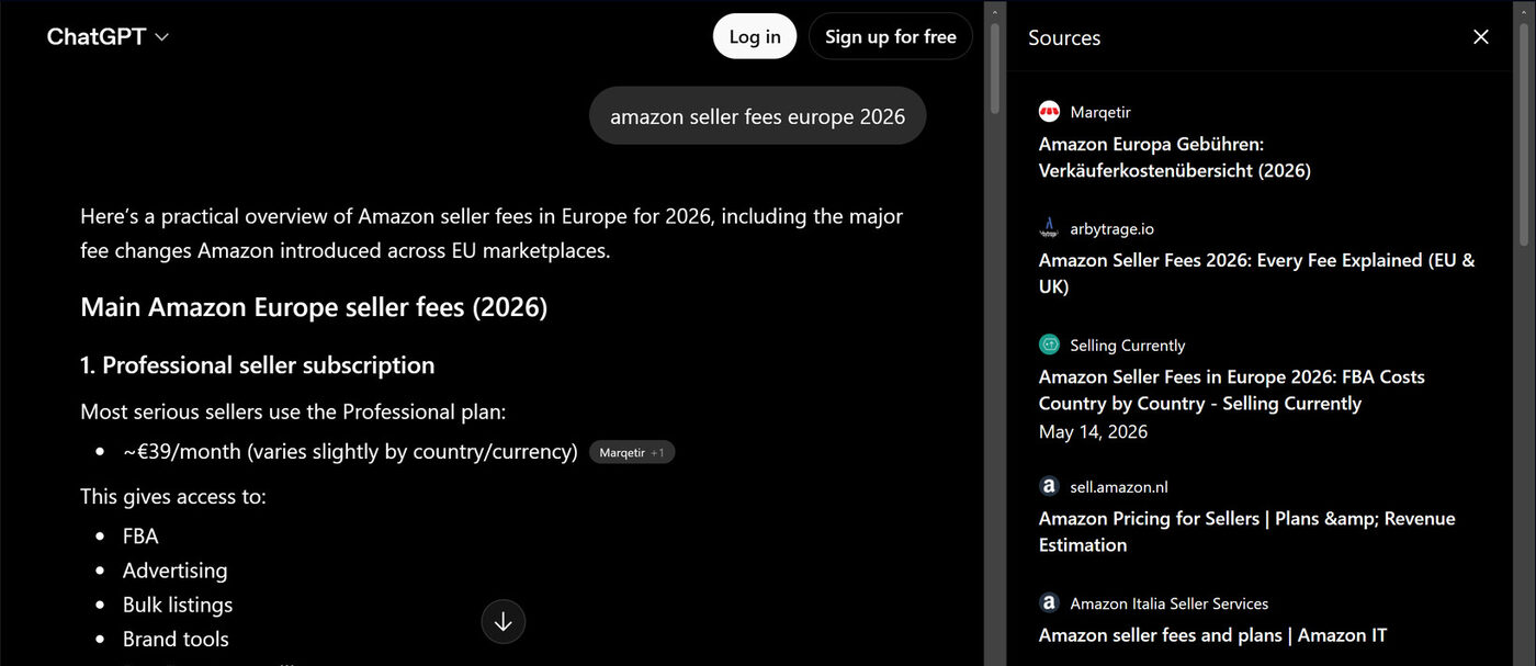 ChatGPT citing SellingCurrently in its source list for Amazon Europe seller fees in 2026
