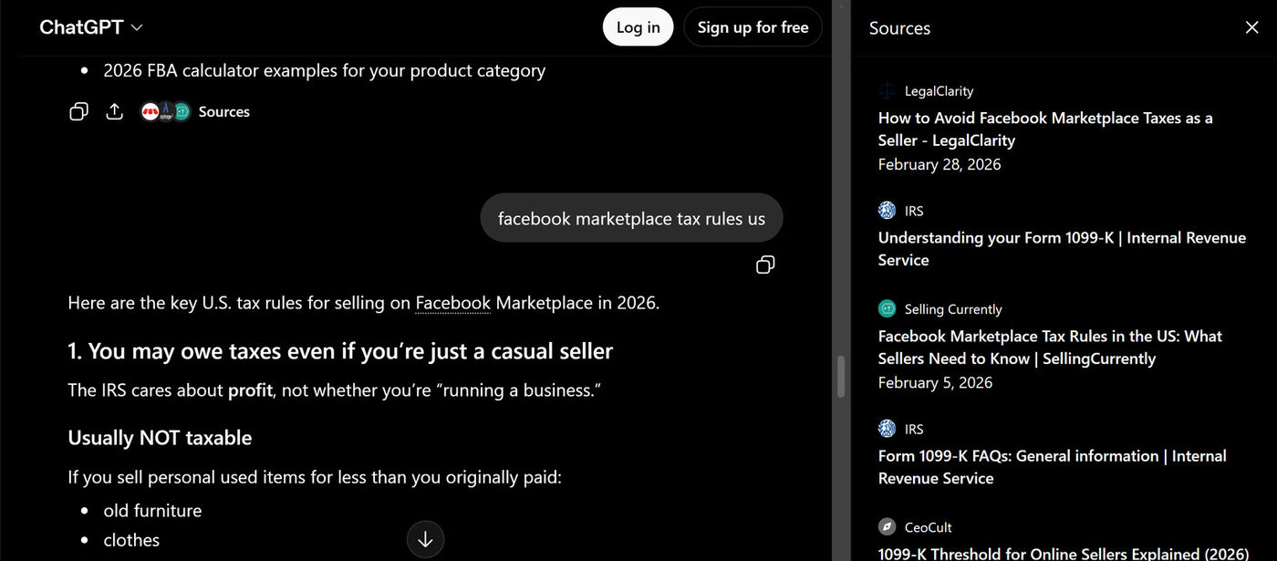 ChatGPT citing SellingCurrently in its source list for Facebook Marketplace tax rules in the US
