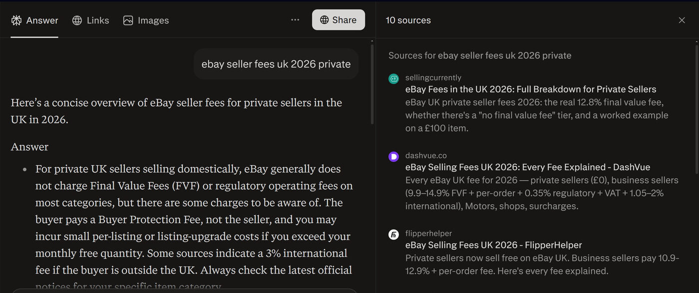 Perplexity citing SellingCurrently as the top source for eBay UK private seller fees in 2026